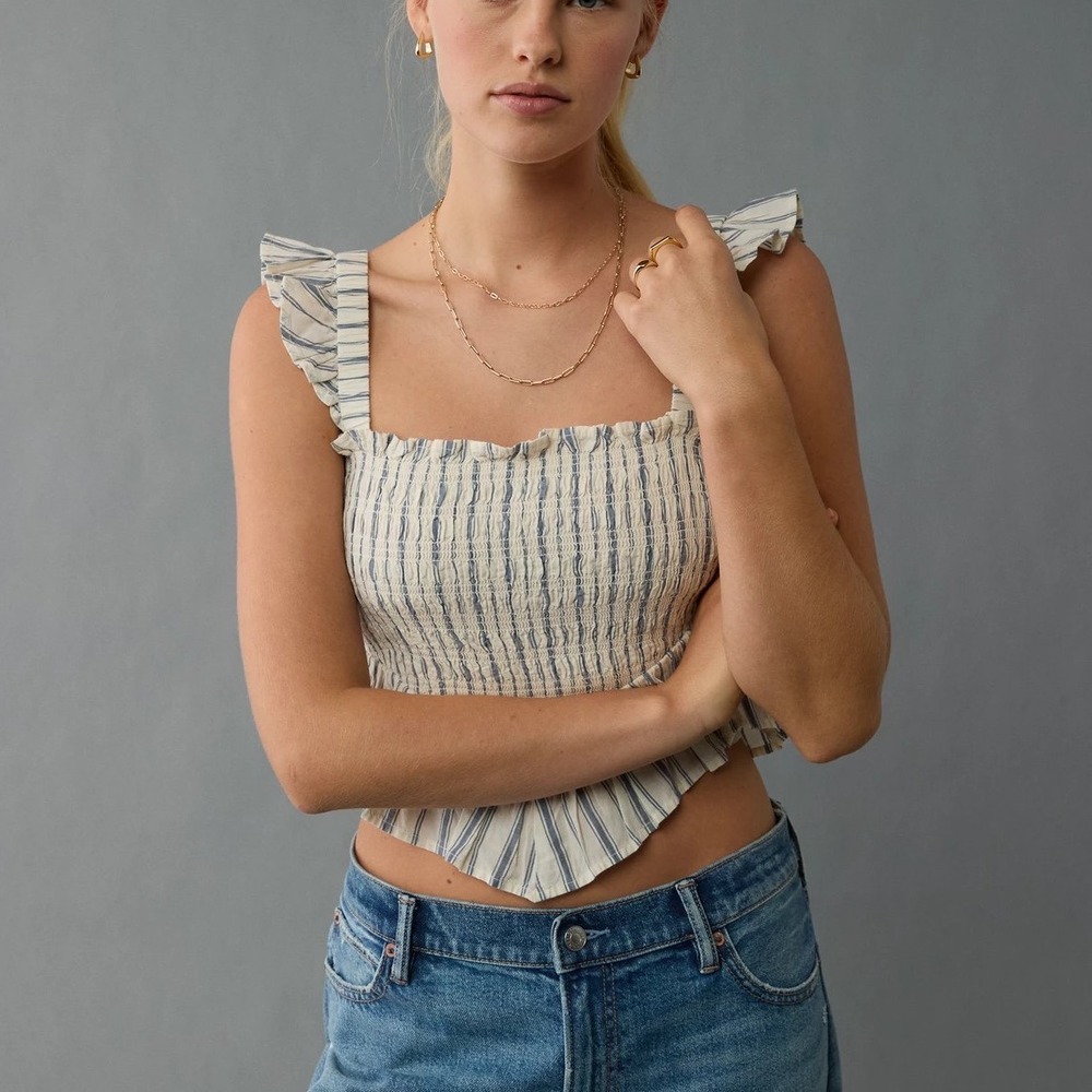 American Eagle Womens Striped Smocked Ruffle Handkerchief Hem‎ Tank Top Cotton L